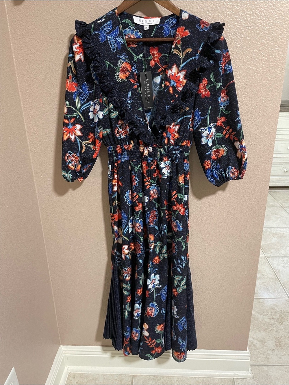 HUNTER BELL Navy Midi Dress with Red & Blue Floral Print